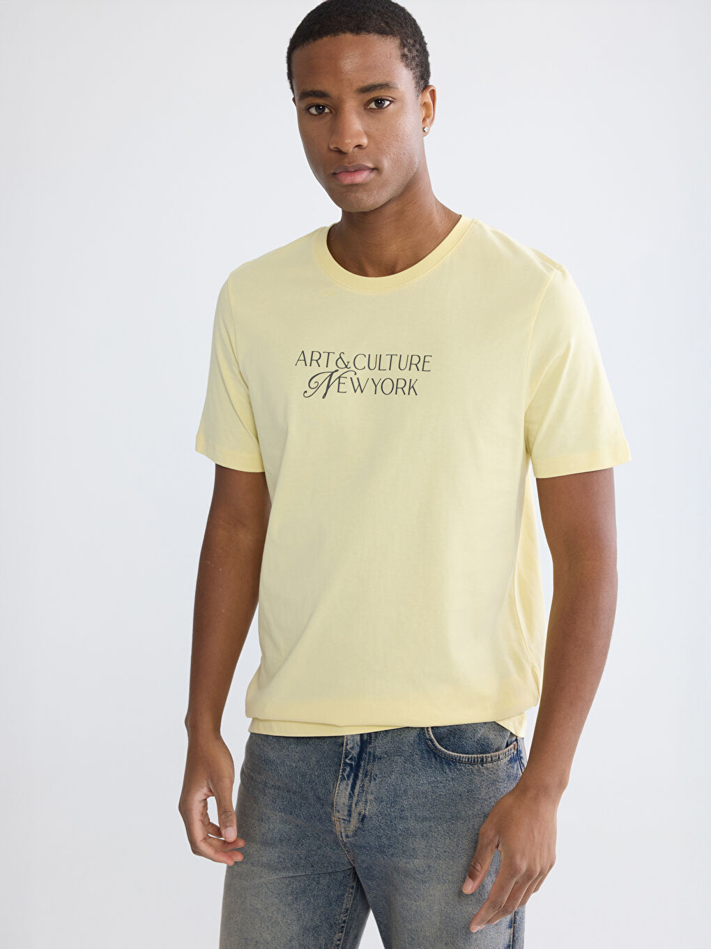 Sarı Bisiklet Yaka NYC Baskılı Erkek Tişört