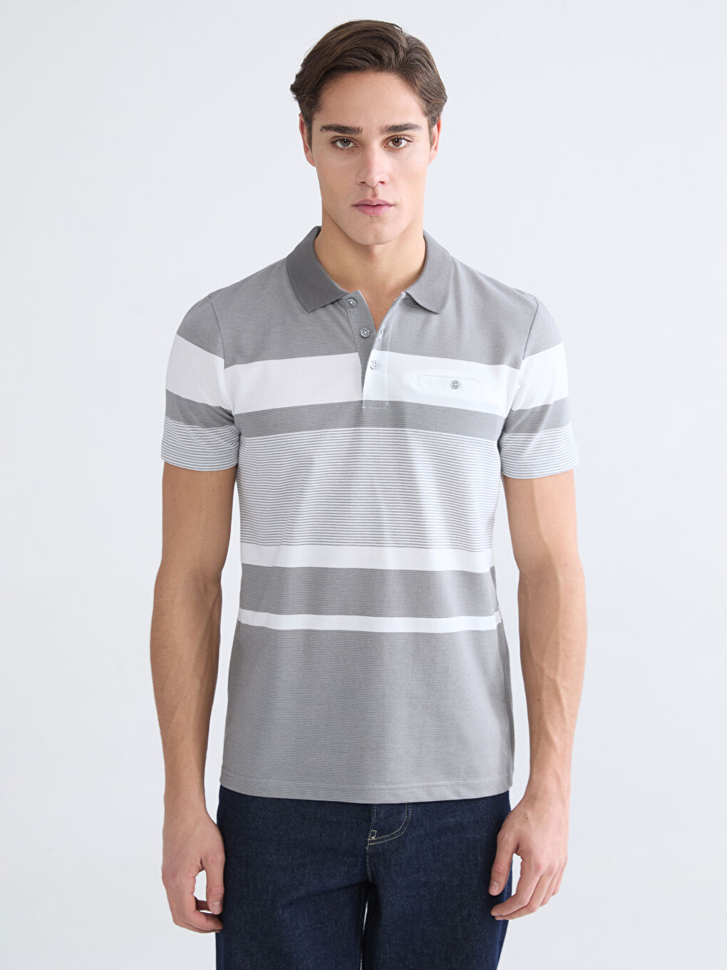 Antrasit Polo Yaka Çizgili Merserize Görünümlü Erkek Tişört