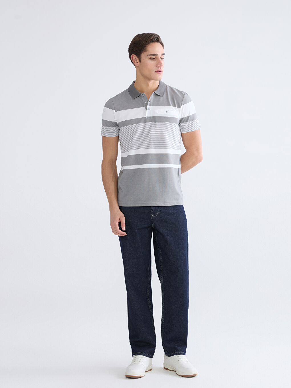 Antrasit Polo Yaka Çizgili Merserize Görünümlü Erkek Tişört-1