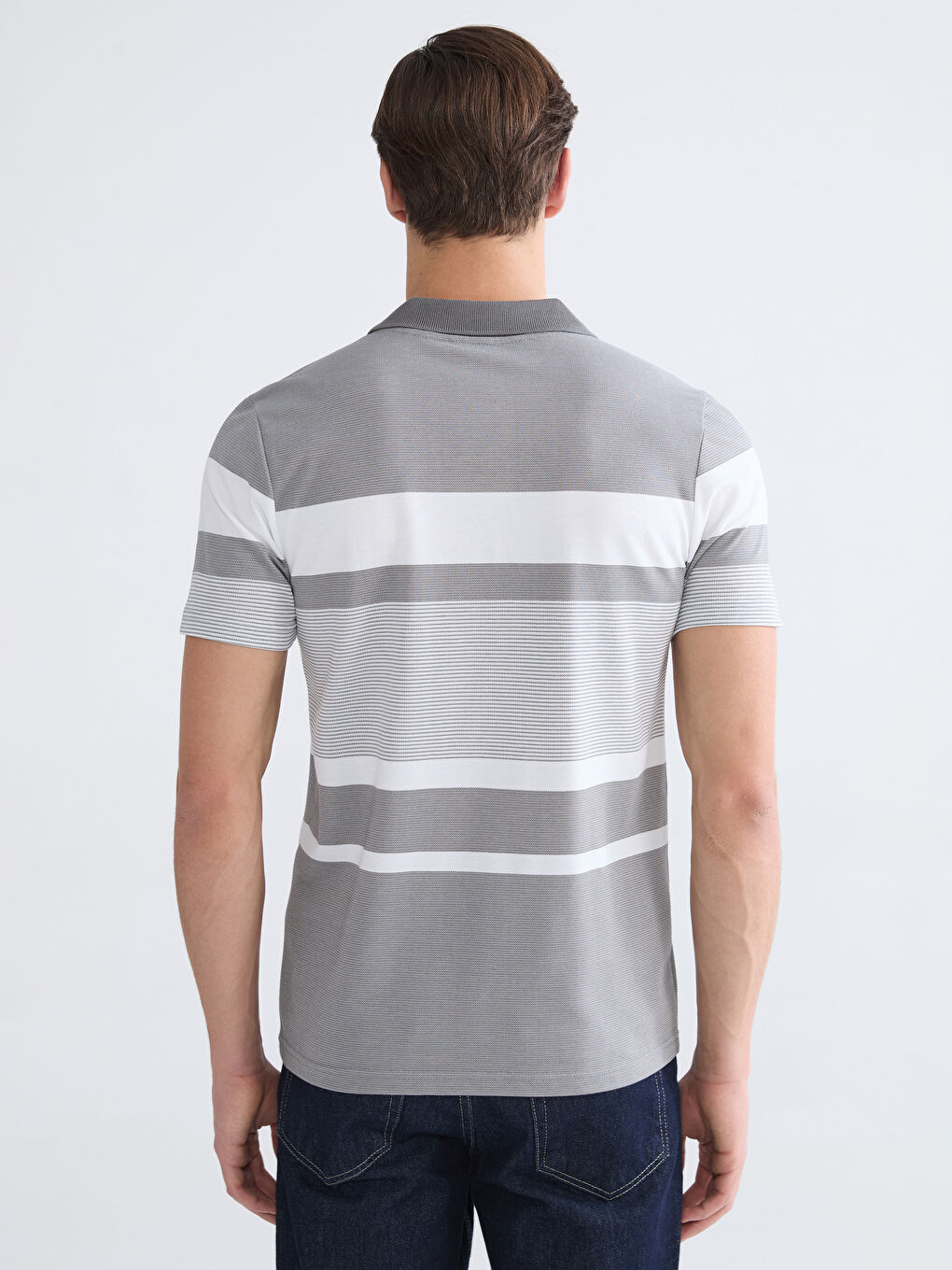 Antrasit Polo Yaka Çizgili Merserize Görünümlü Erkek Tişört-3