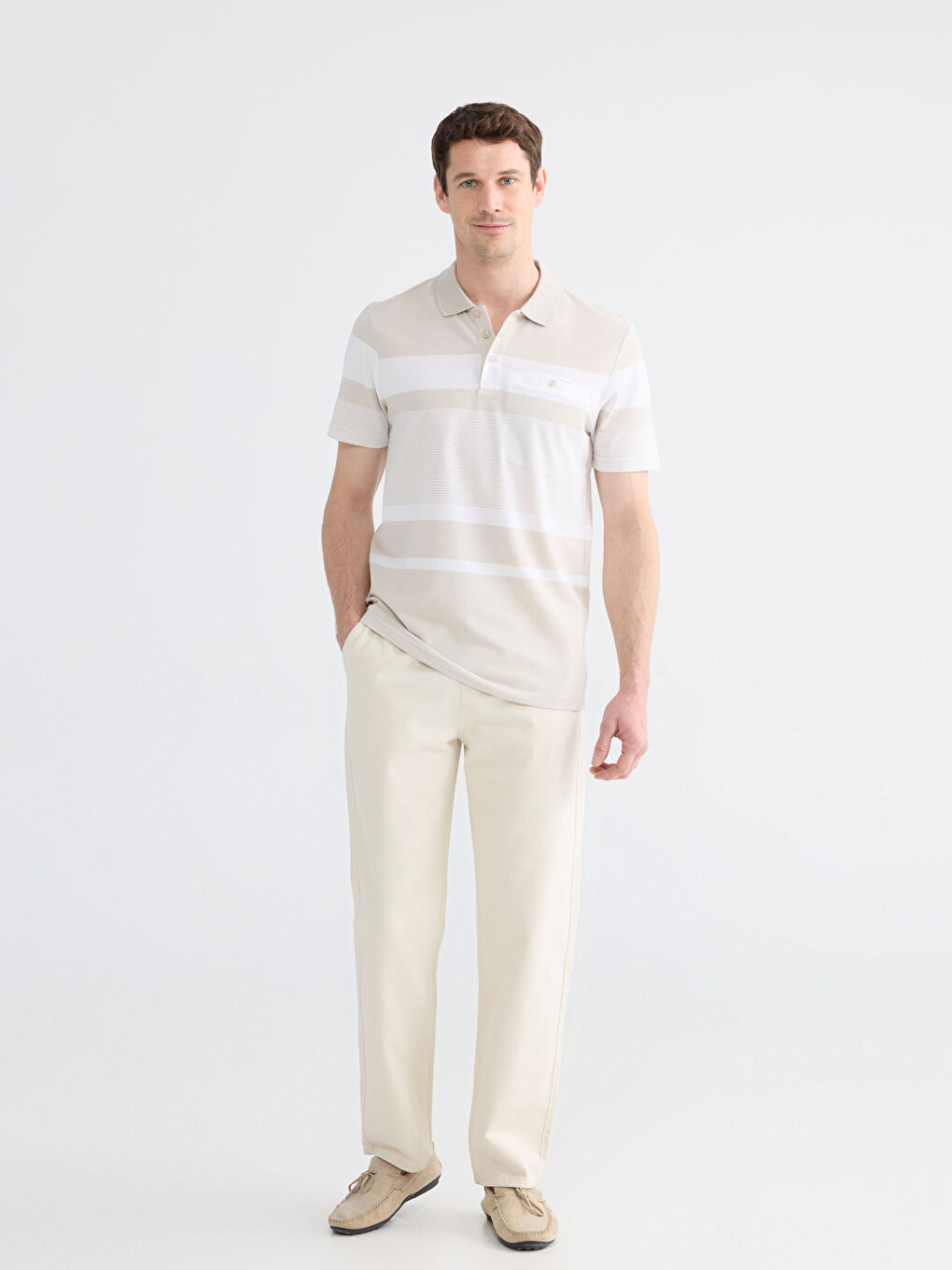 Bej Polo Yaka Çizgili Merserize Görünümlü Erkek Tişört-1