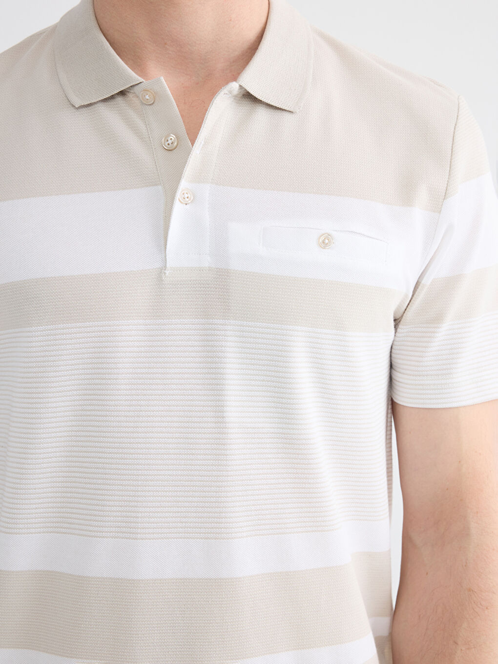 Bej Polo Yaka Çizgili Merserize Görünümlü Erkek Tişört-2