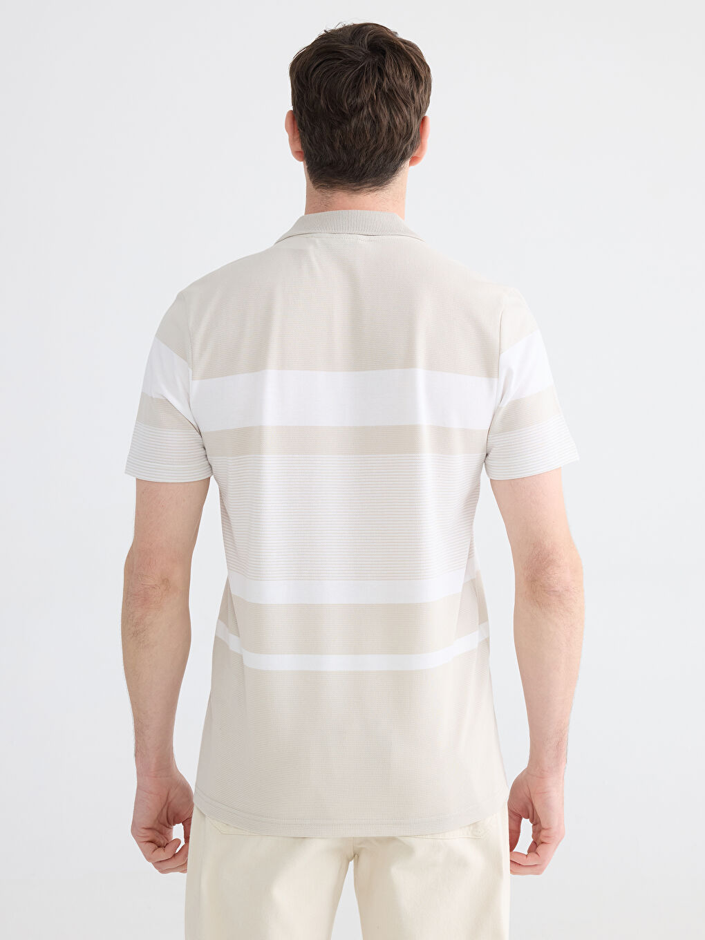 Bej Polo Yaka Çizgili Merserize Görünümlü Erkek Tişört-3