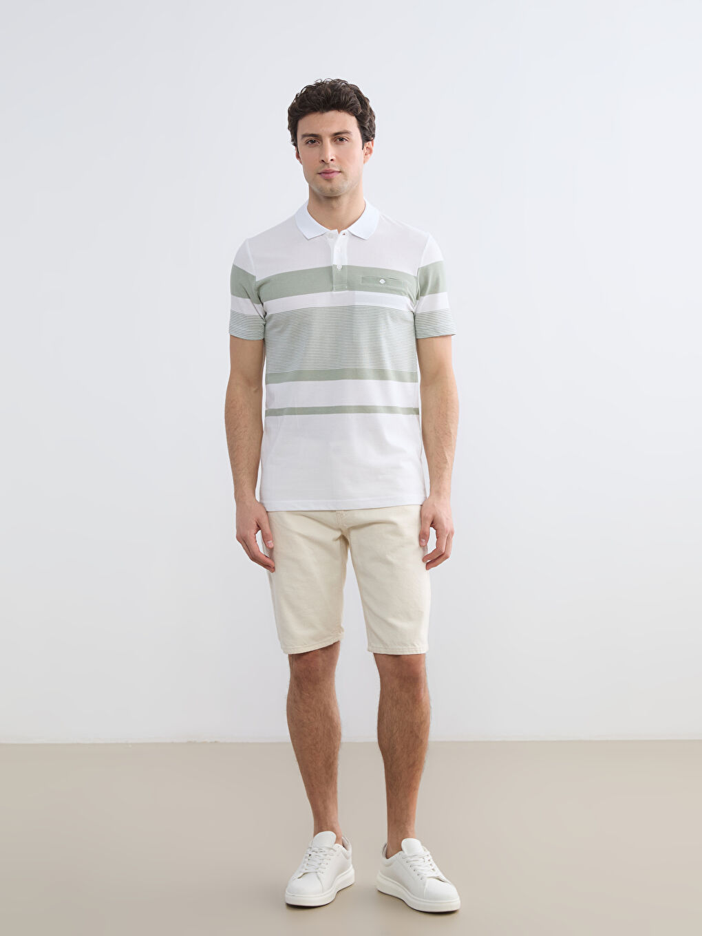 Beyaz Polo Yaka Çizgili Erkek Pike Tişört-2