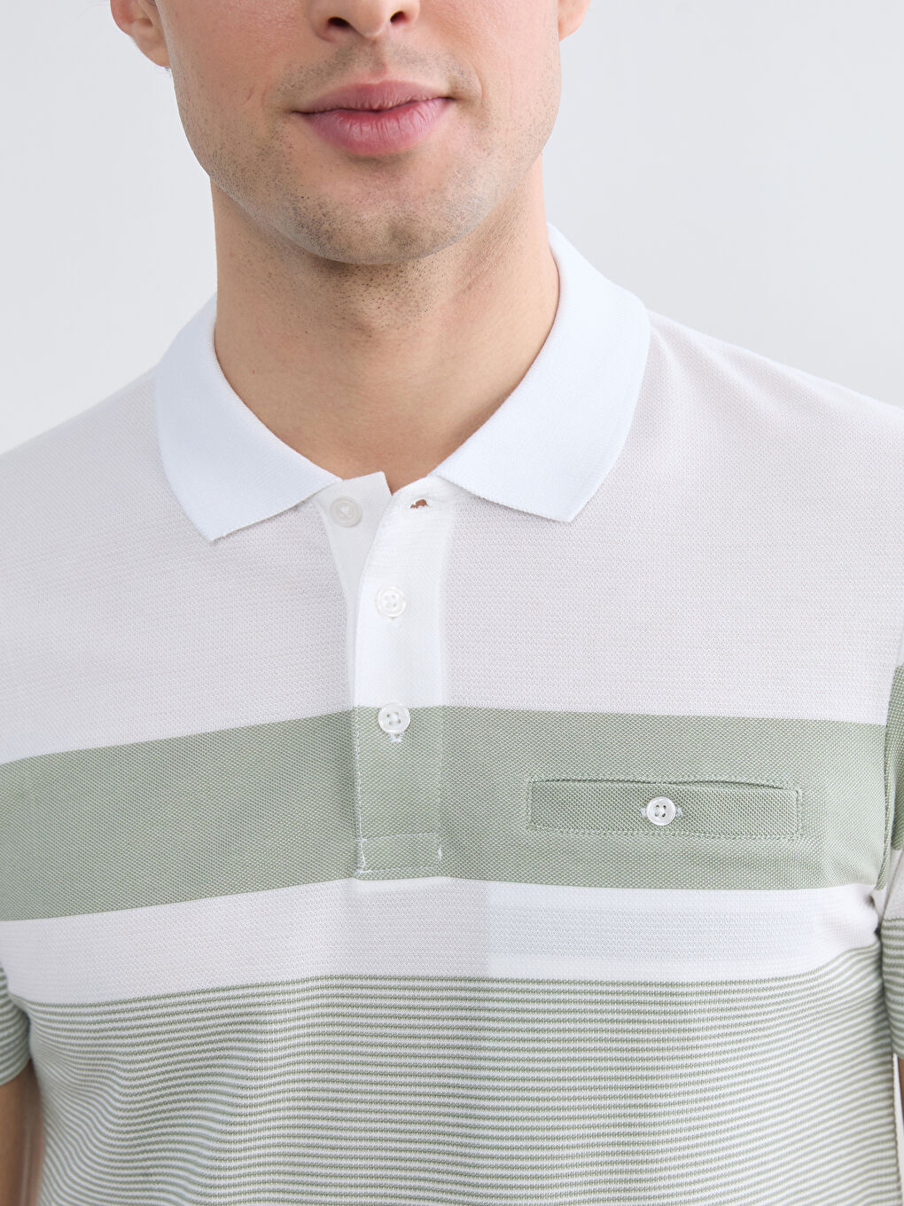 Beyaz Polo Yaka Çizgili Erkek Pike Tişört-3