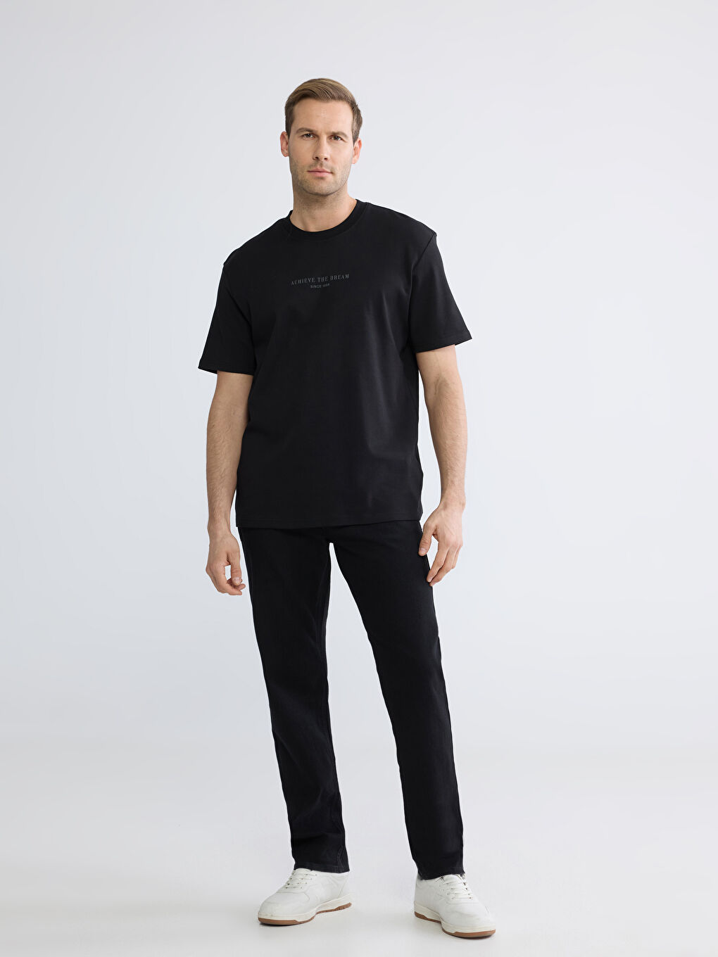 Siyah Oversize Fit Bisiklet Yaka Baskılı Erkek Tişört-1