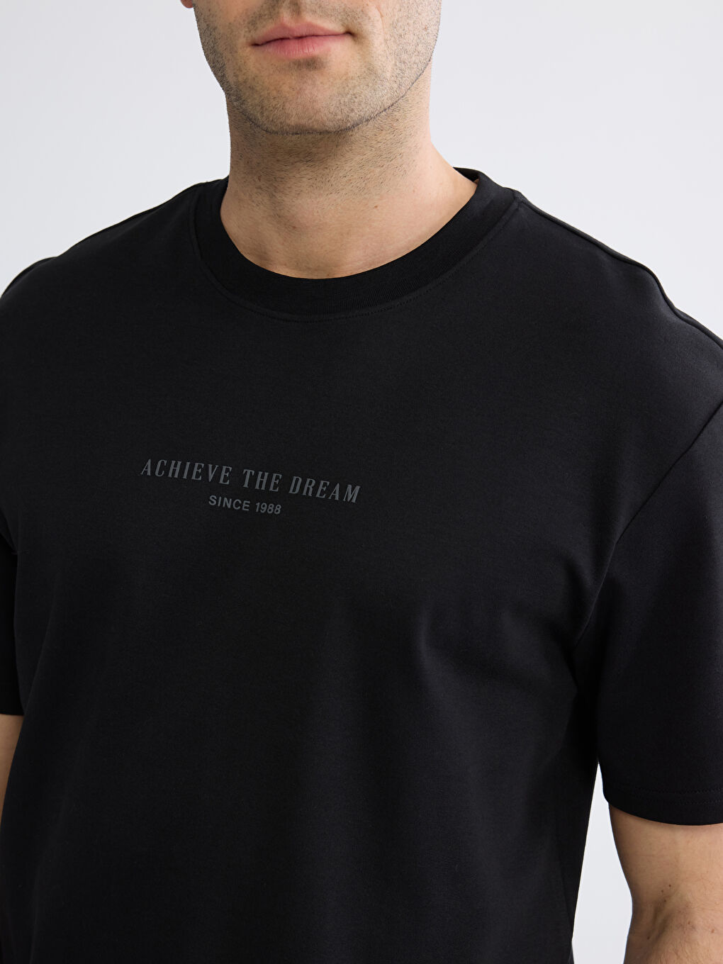 Siyah Oversize Fit Bisiklet Yaka Baskılı Erkek Tişört-2