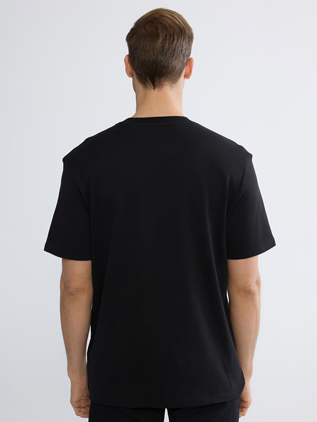 Siyah Oversize Fit Bisiklet Yaka Baskılı Erkek Tişört-3