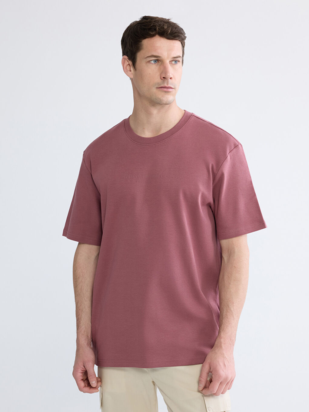 Pembe Oversize Fit Bisiklet Yaka Baskılı Erkek Tişört