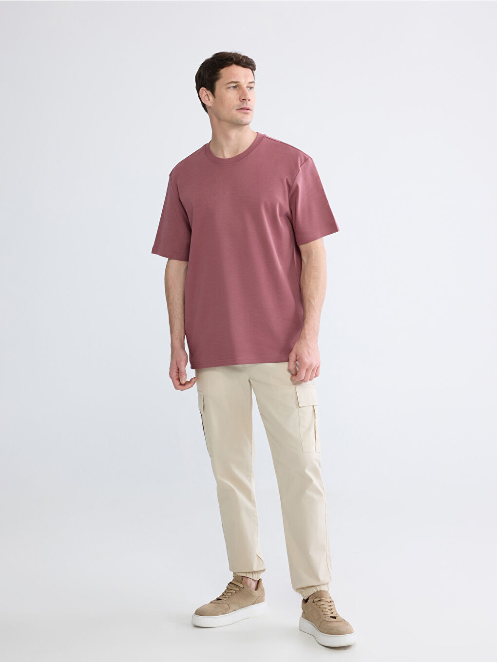 Pembe Oversize Fit Bisiklet Yaka Baskılı Erkek Tişört-1