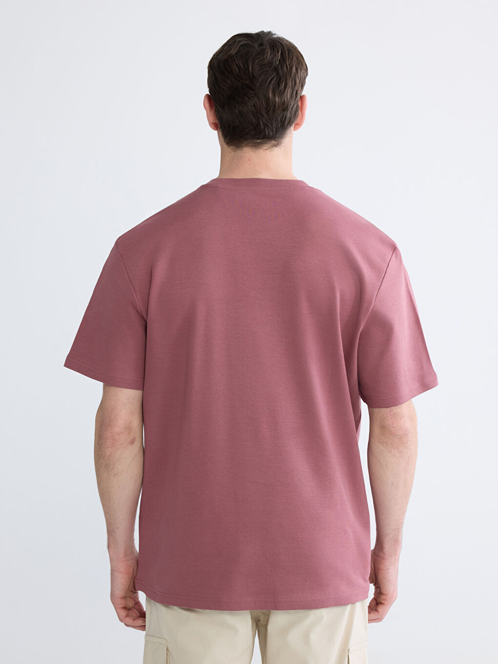 Pembe Oversize Fit Bisiklet Yaka Baskılı Erkek Tişört-3