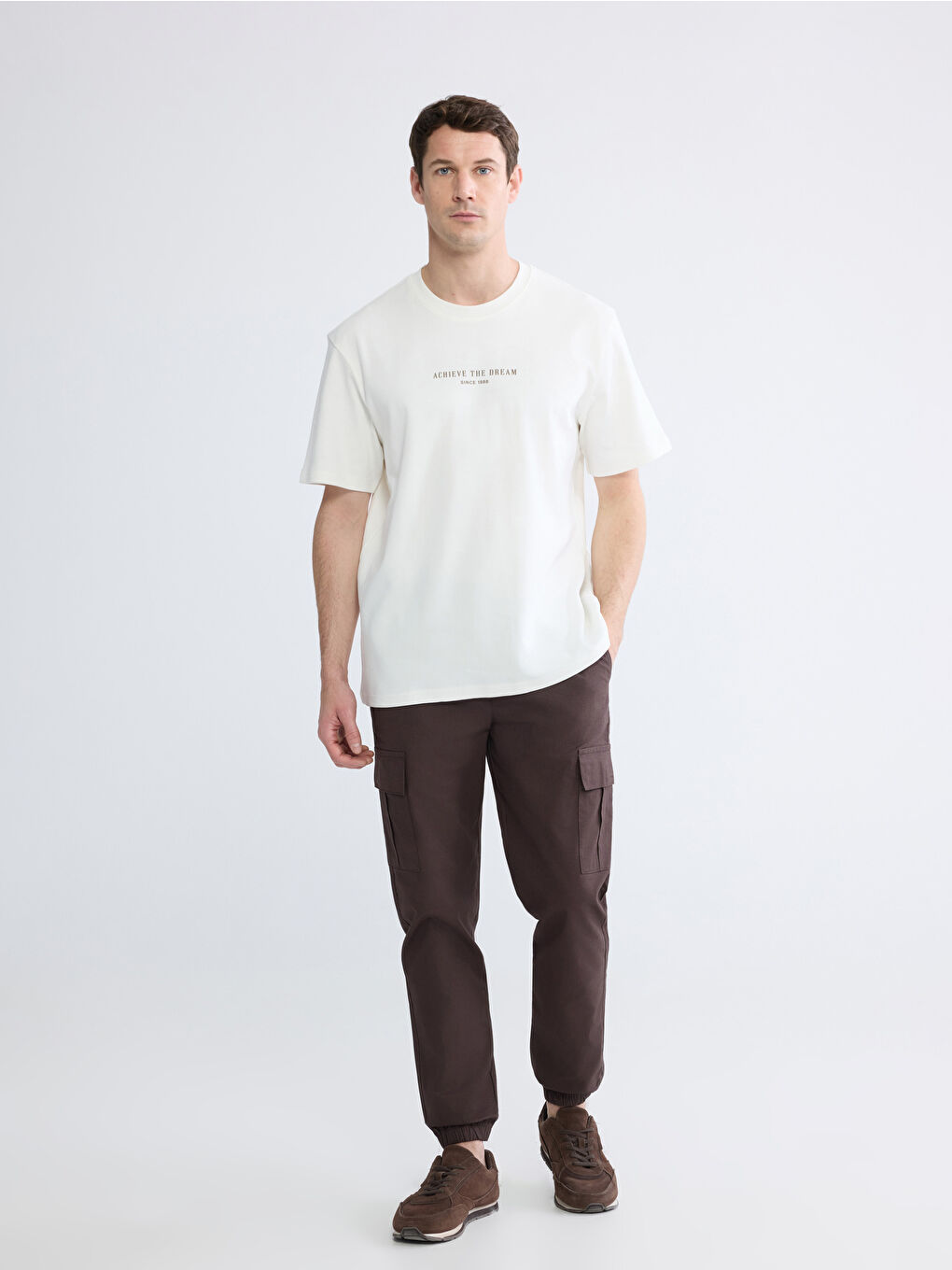 Ekru Oversize Fit Bisiklet Yaka Baskılı Erkek Tişört-1