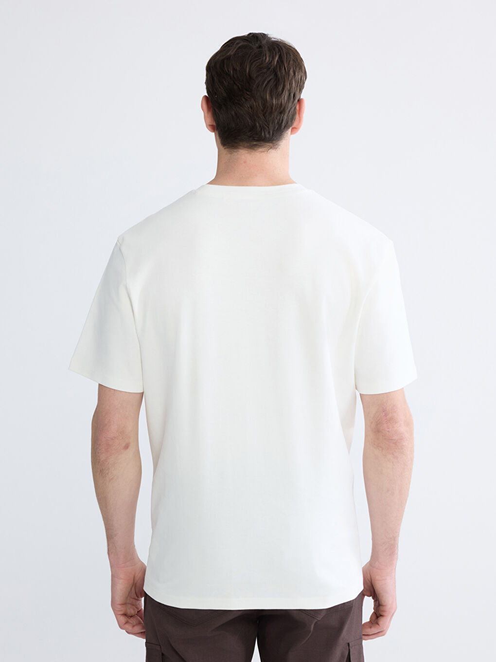 Ekru Oversize Fit Bisiklet Yaka Baskılı Erkek Tişört-3