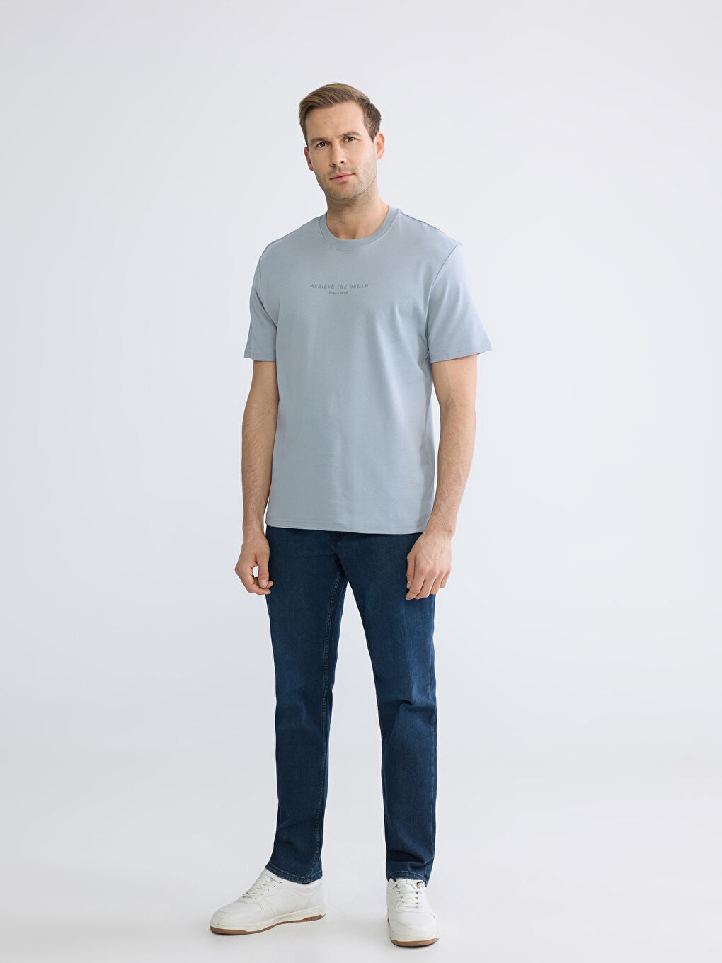 Gri Oversize Fit Bisiklet Yaka Baskılı Erkek Tişört-1