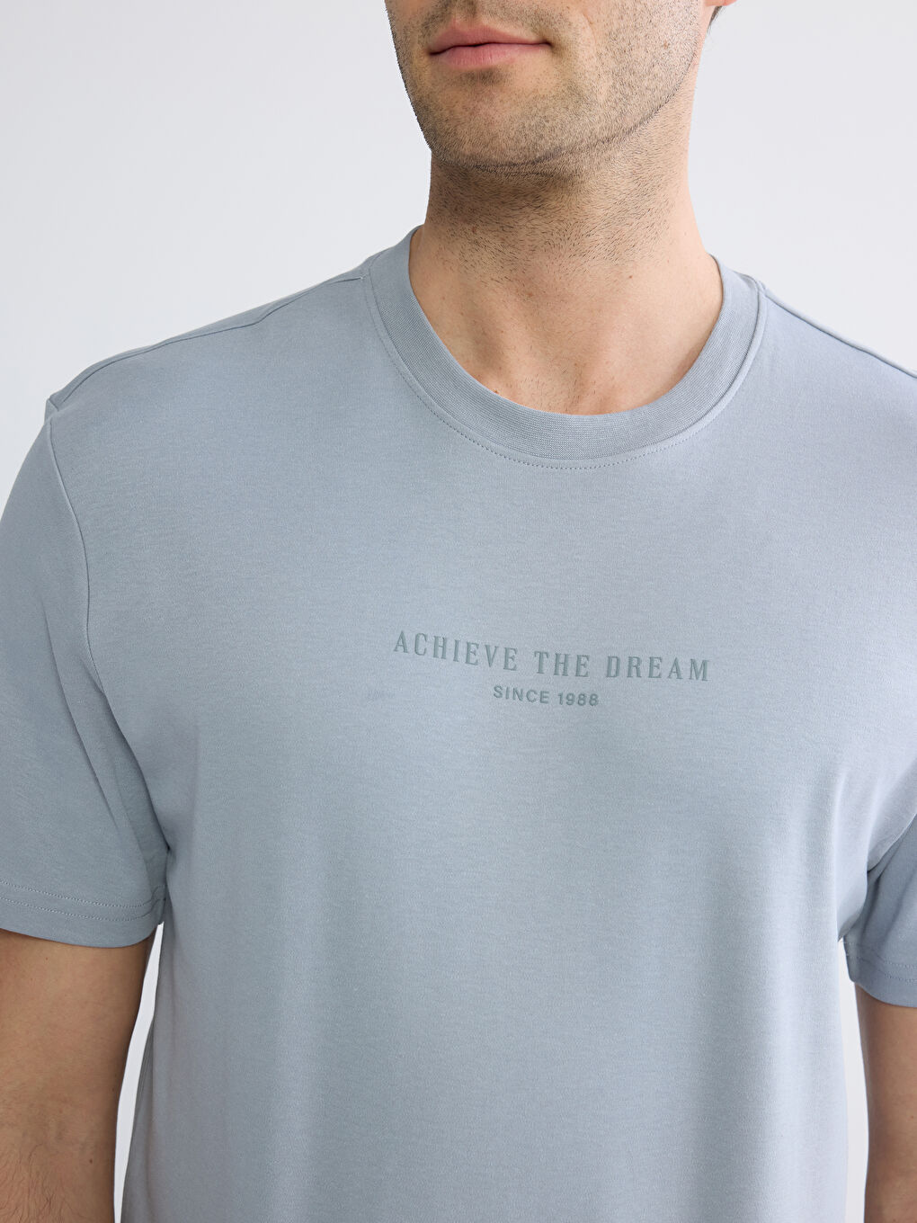 Gri Oversize Fit Bisiklet Yaka Baskılı Erkek Tişört-2