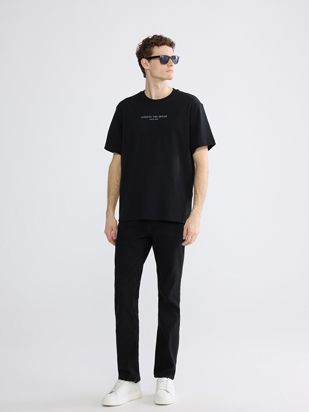 Siyah Oversize Fit Bisiklet Yaka Baskılı Erkek Tişört-1