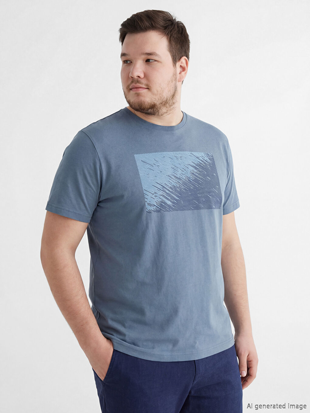 İndigo Bisiklet Yaka Baskılı Penye Erkek Tişört-1