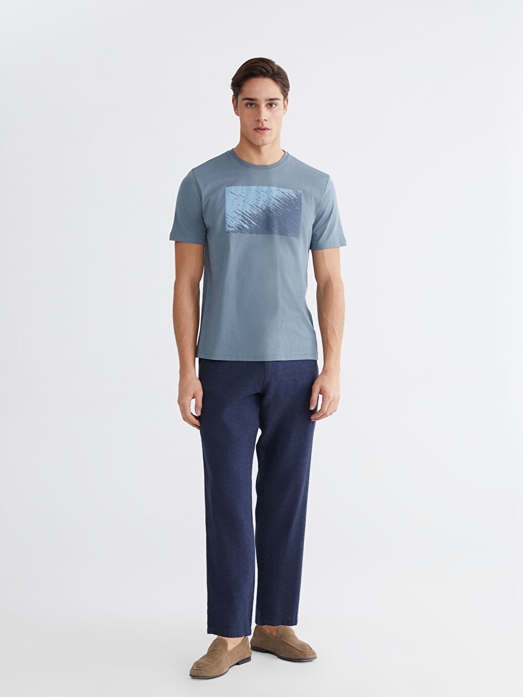 İndigo Bisiklet Yaka Baskılı Penye Erkek Tişört-1