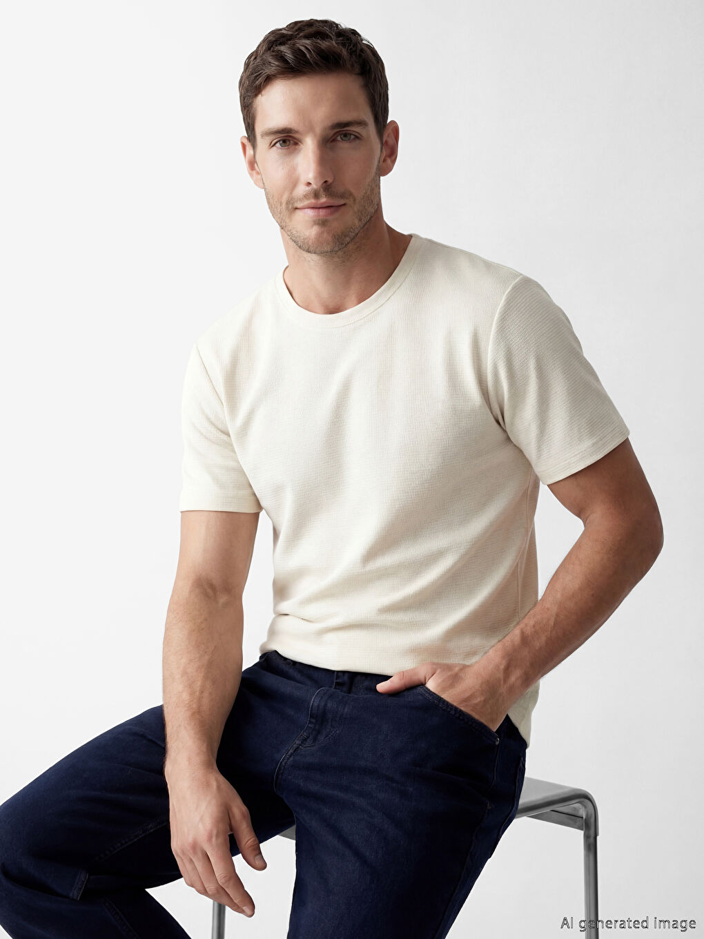 Ekru Bisiklet Yaka Erkek Penye Tişört