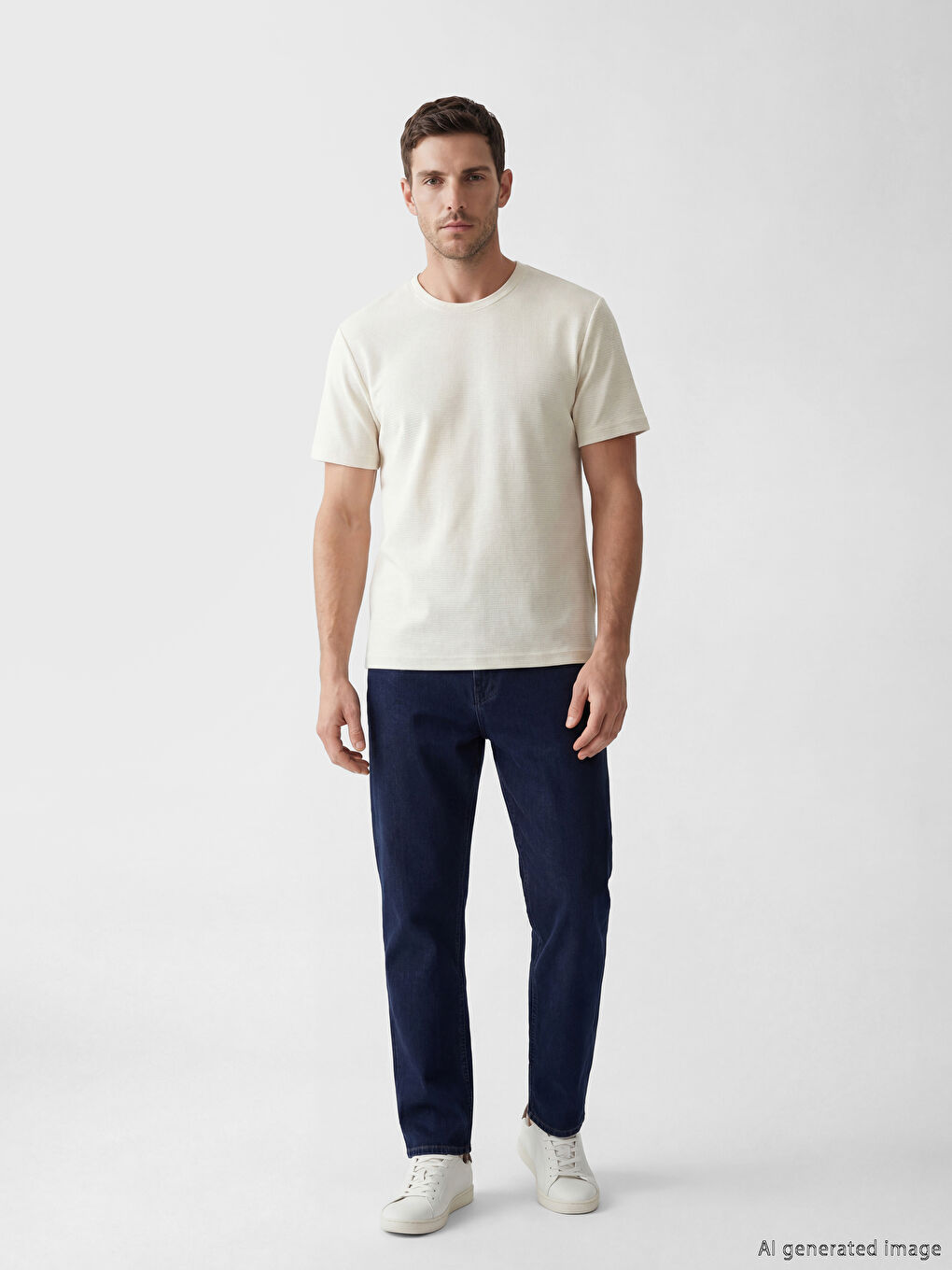 Ekru Bisiklet Yaka Erkek Penye Tişört-1