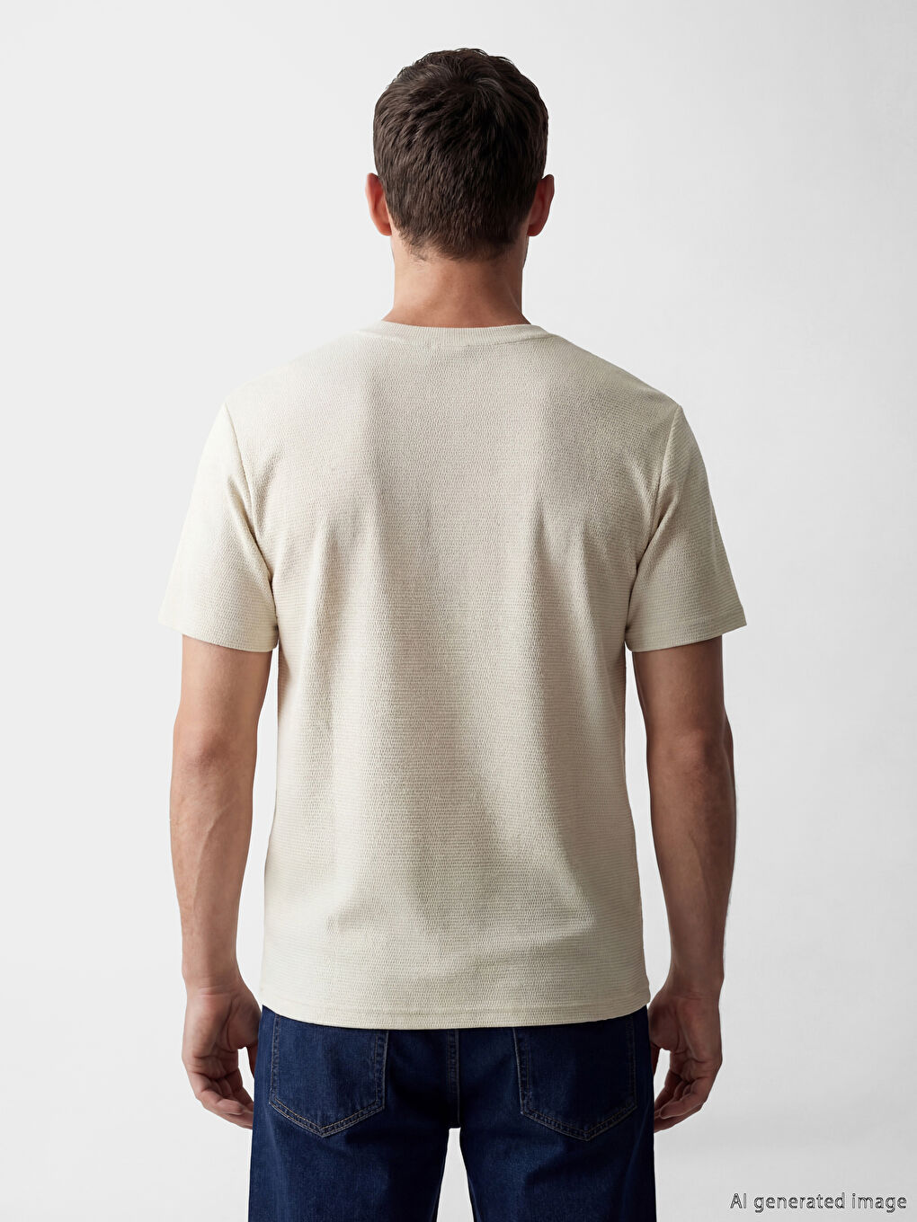 Ekru Bisiklet Yaka Erkek Penye Tişört-3