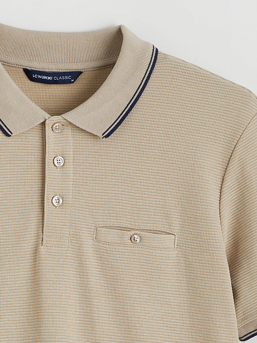 Bej Polo Yaka Kısa Kollu Erkek Dokulu Tişört-5