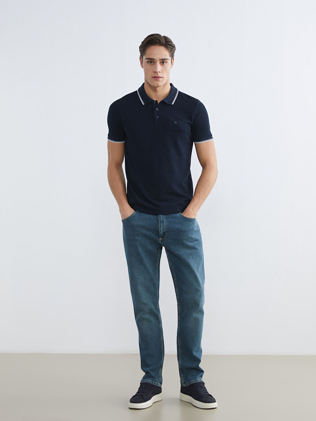 Lacivert Polo Yaka Kısa Kollu Erkek Dokulu Tişört-1