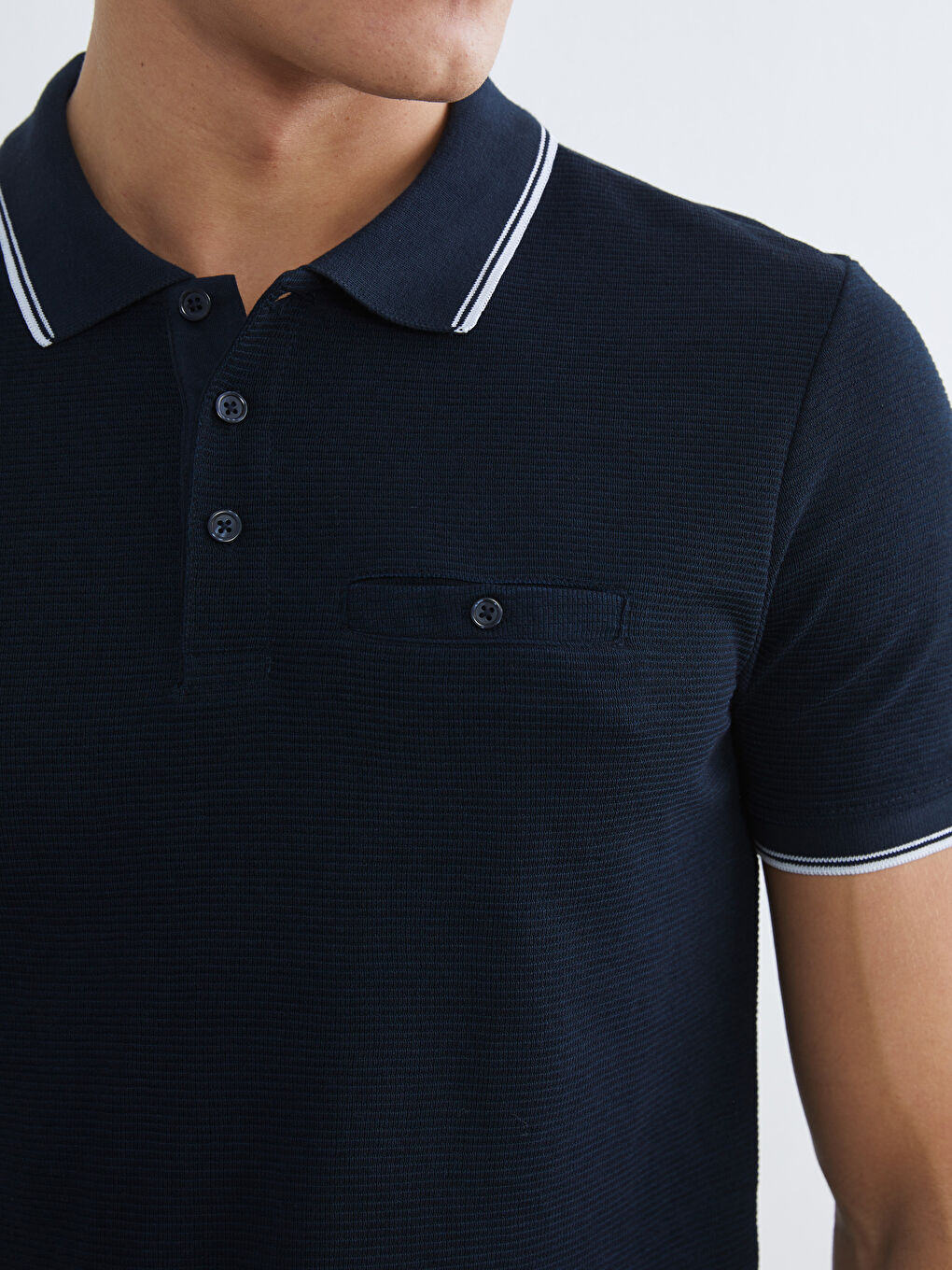 Lacivert Polo Yaka Kısa Kollu Erkek Dokulu Tişört-2