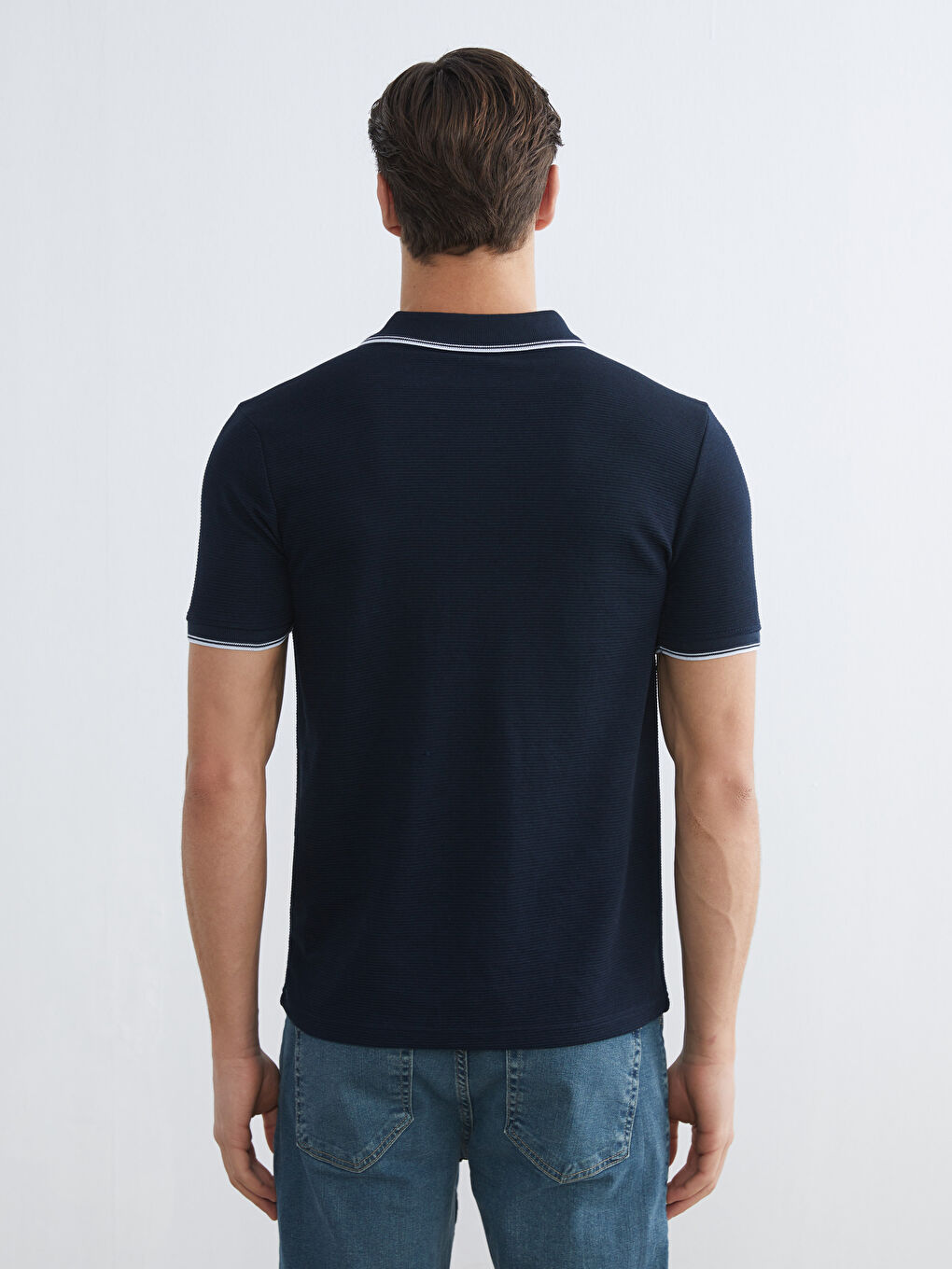 Lacivert Polo Yaka Kısa Kollu Erkek Dokulu Tişört-3