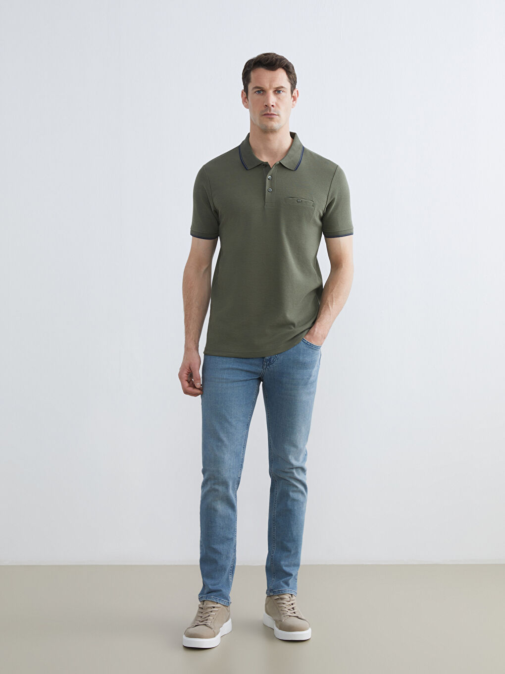 Haki Polo Yaka Erkek Dokulu Tişört-1