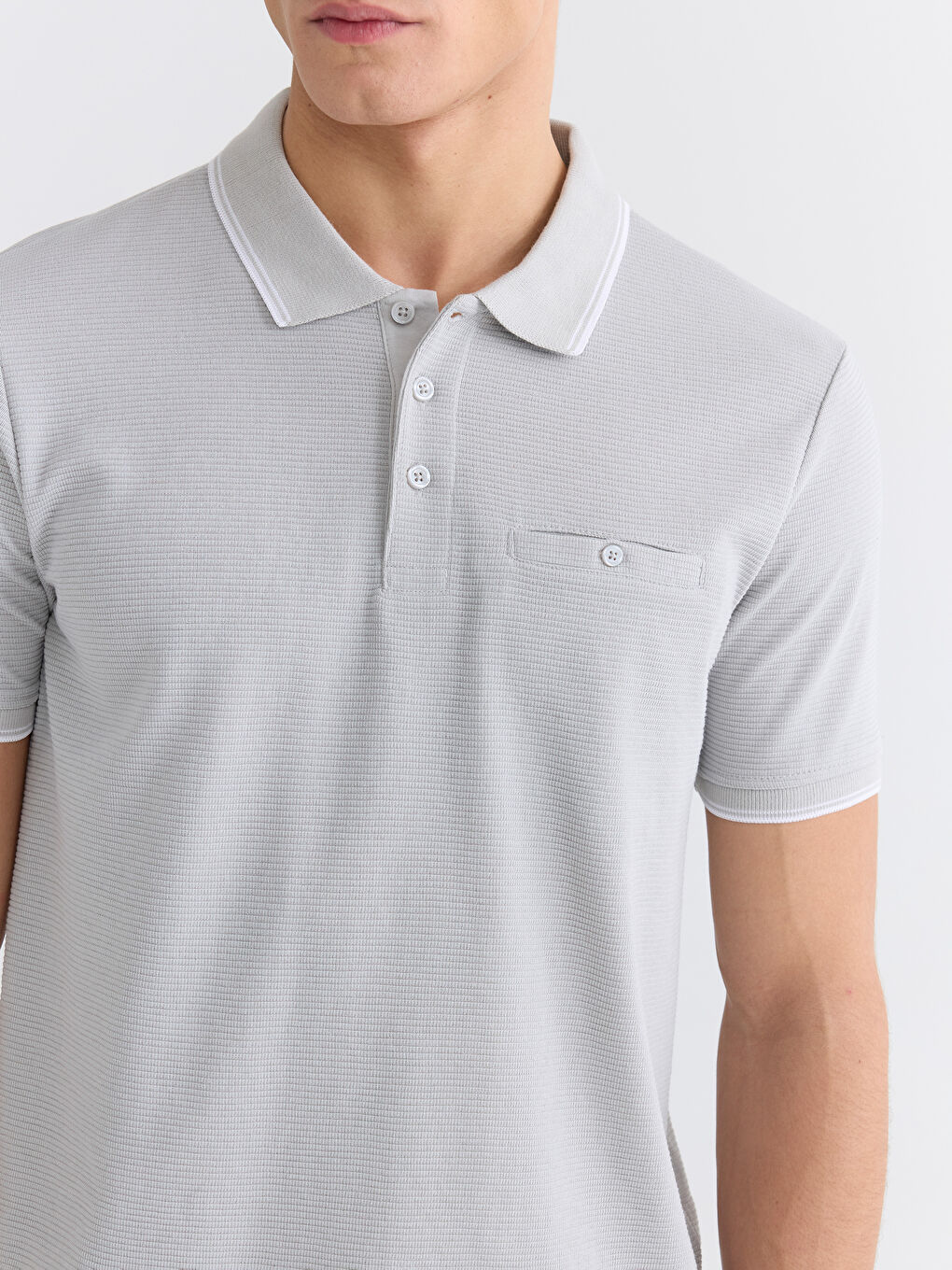 Gri Polo Yaka Kısa Kollu Erkek Dokulu Tişört-2
