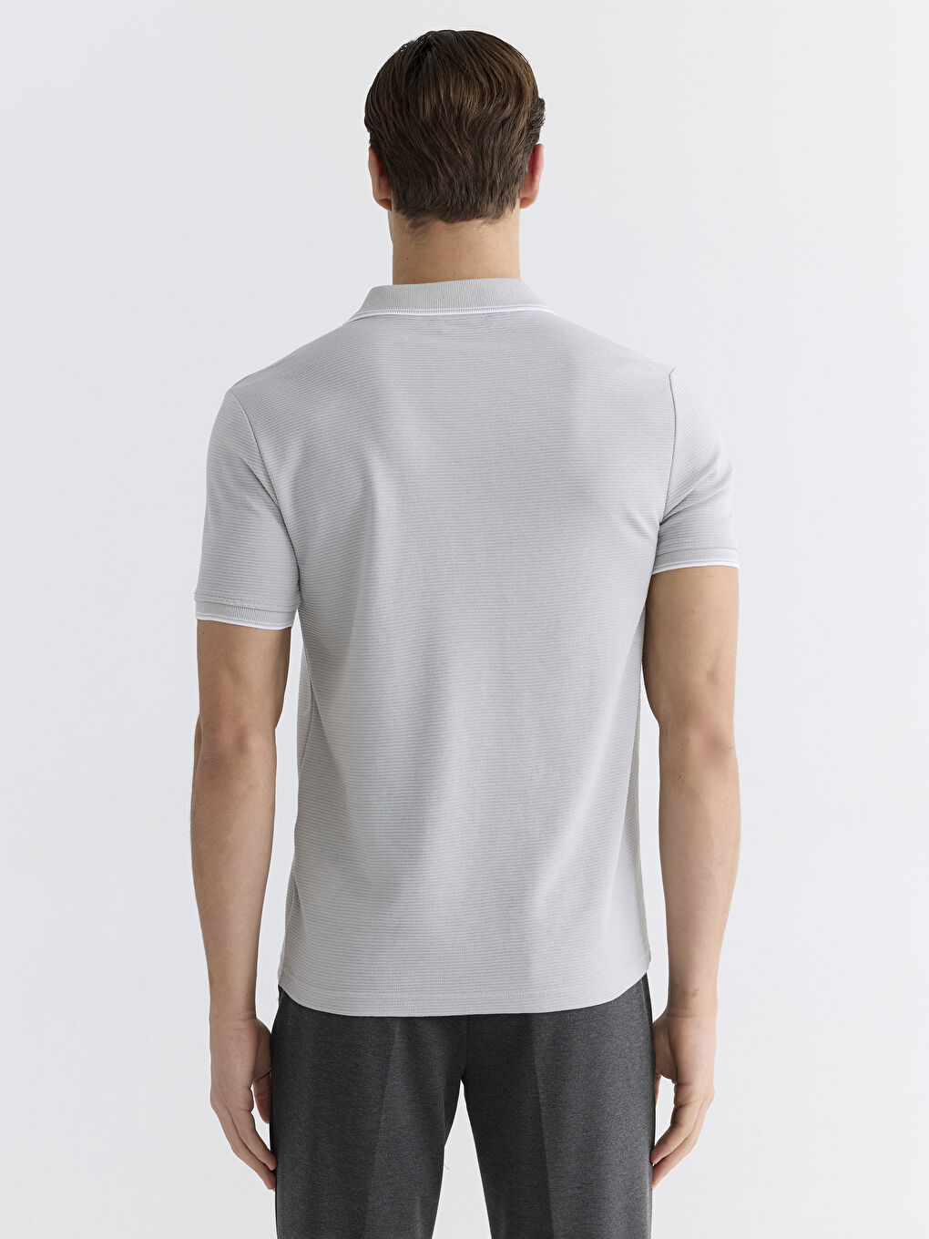 Gri Polo Yaka Kısa Kollu Erkek Dokulu Tişört-3