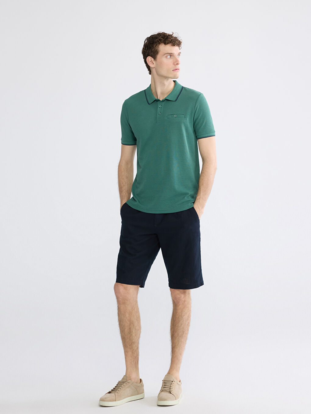 Yeşil Polo Yaka Erkek Dokulu Tişört-1