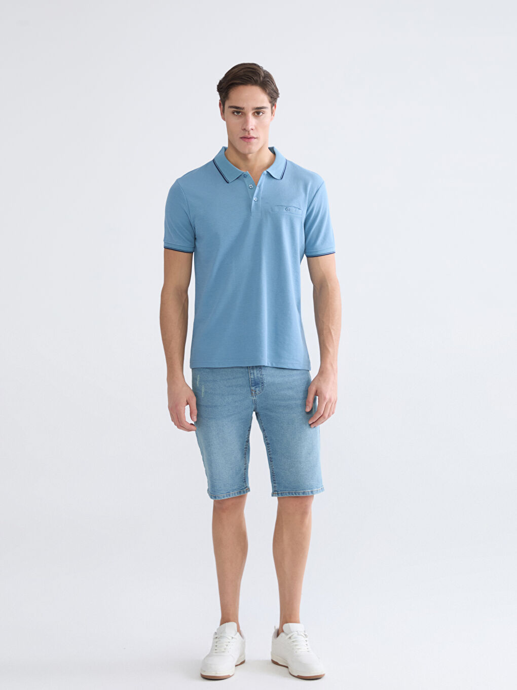 Mavi Polo Yaka Erkek Dokulu Tişört-1