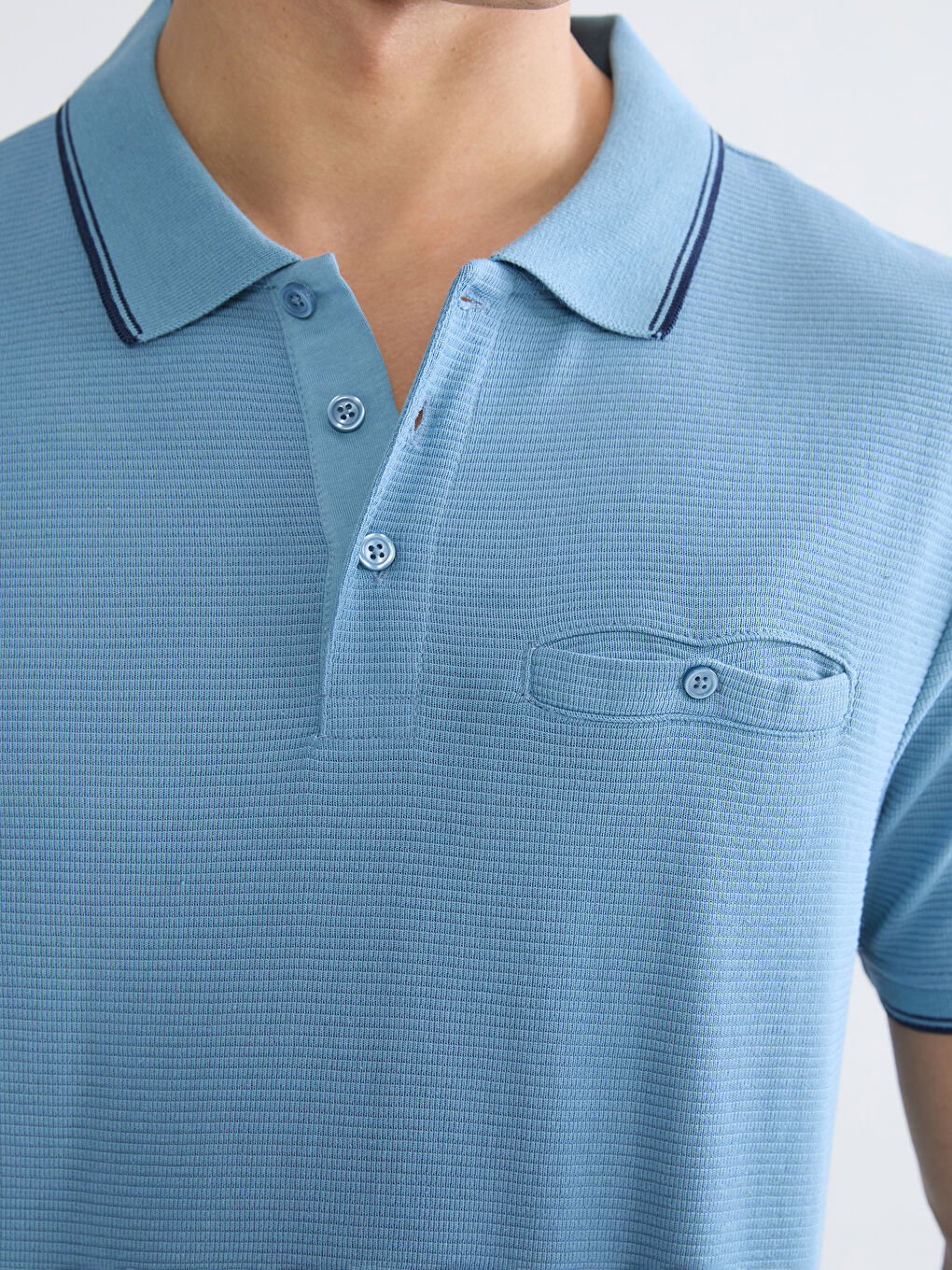 Mavi Polo Yaka Erkek Dokulu Tişört-2