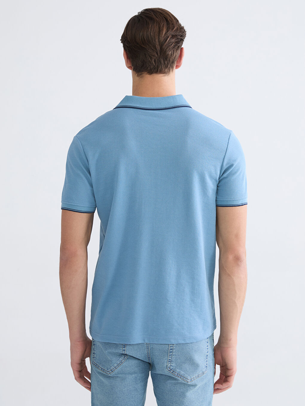 Mavi Polo Yaka Erkek Dokulu Tişört-3