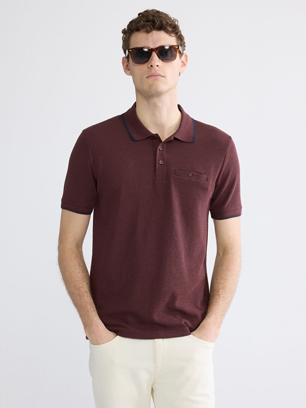 Bordo Polo Yaka Erkek Dokulu Tişört