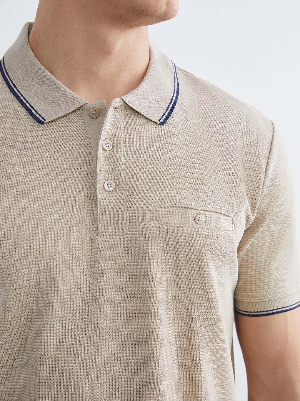 Bej Polo Yaka Kısa Kollu Erkek Dokulu Tişört-2