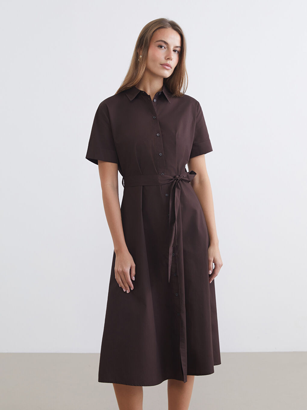 Женщины Коричневый Платье-рубашка-1