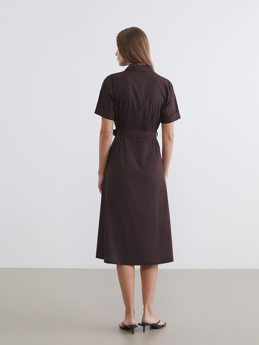 Женщины Коричневый Платье-рубашка-3