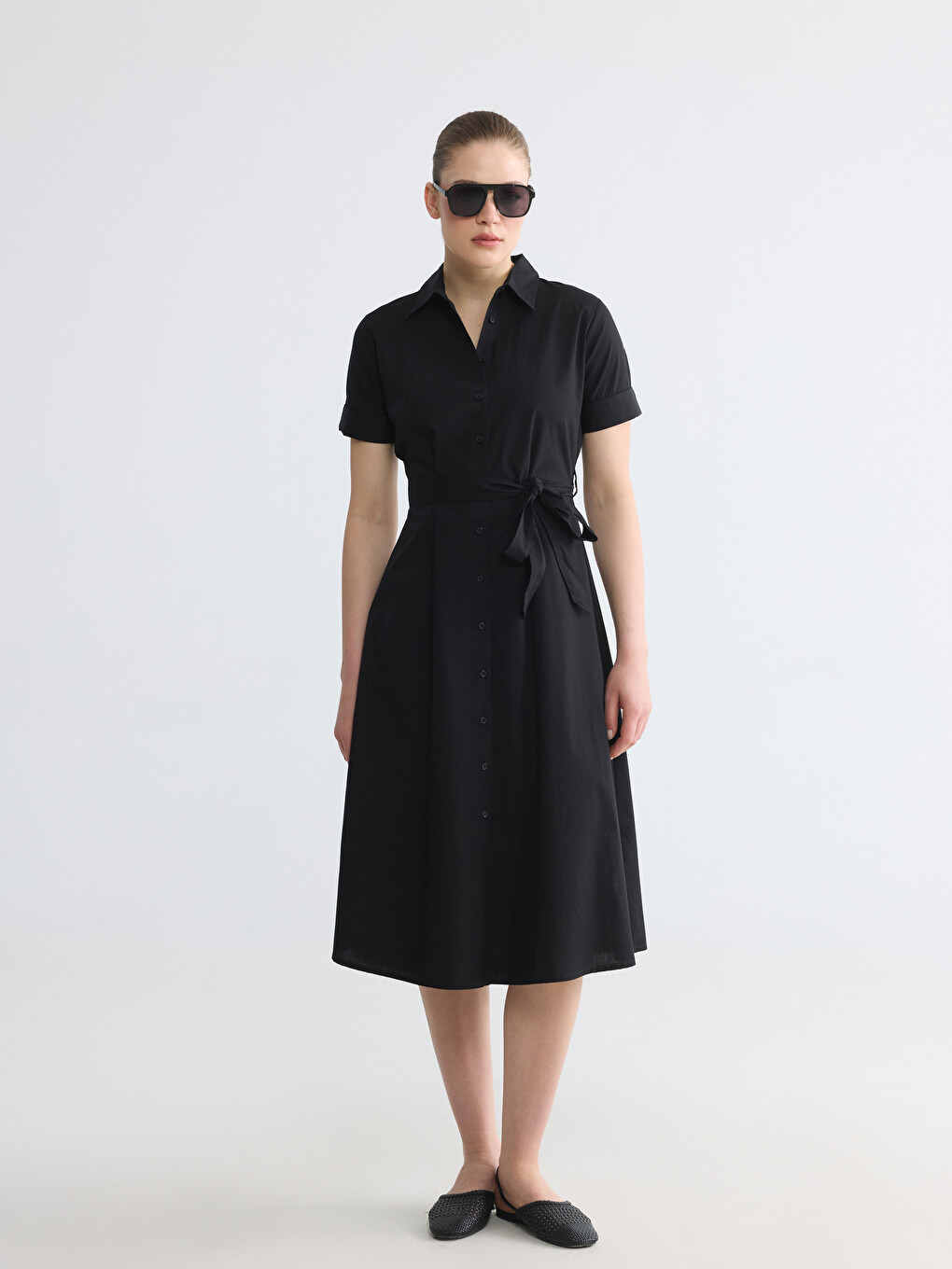 Rochie cămașă din poplin cu curea-1