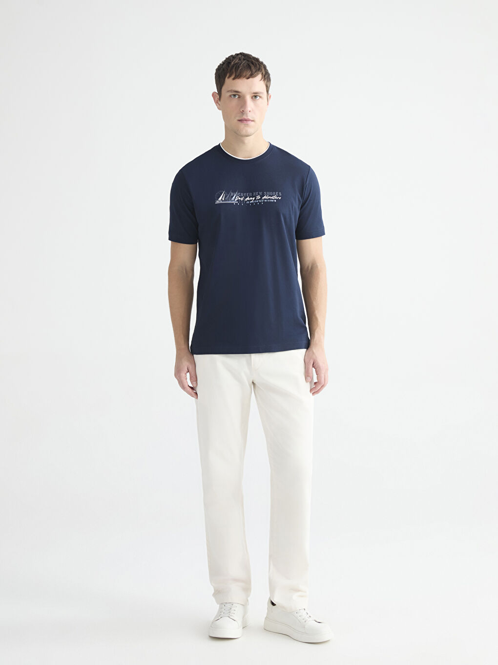 Lacivert Bisiklet Yaka Baskılı Penye Erkek Tişört-1