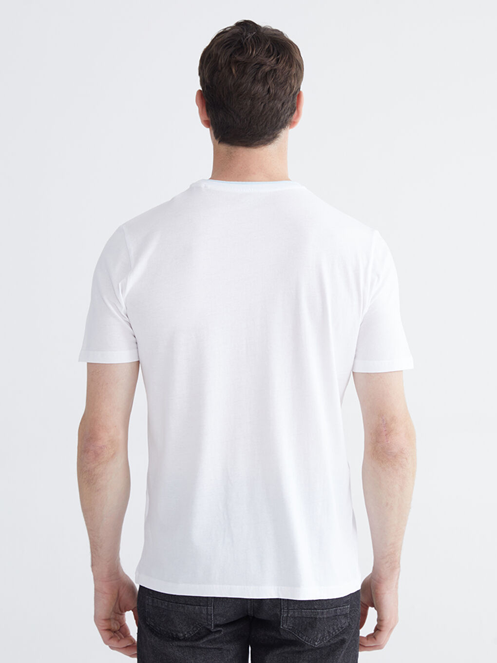 Beyaz Bisiklet Yaka Baskılı Penye Erkek Tişört-3