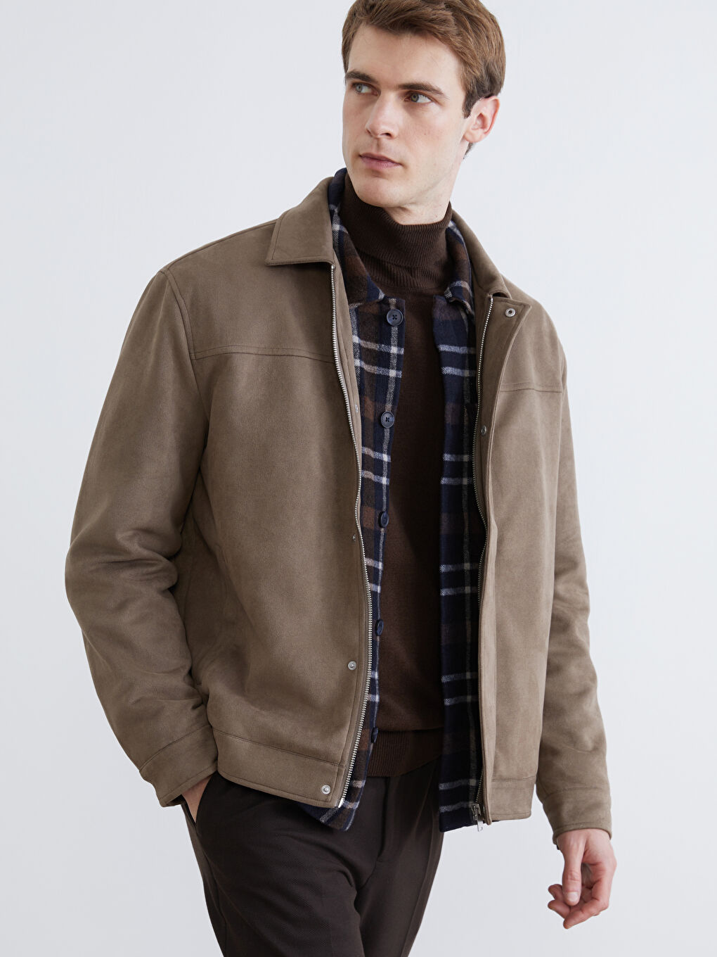 Bej Standart Kalıp Gömlek Yaka Süet Erkek Mont