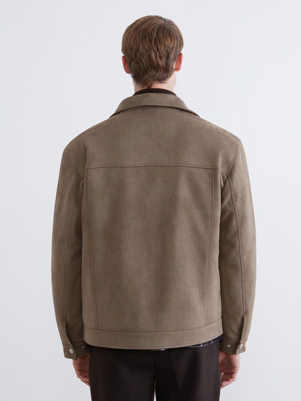 Bej Standart Kalıp Gömlek Yaka Süet Erkek Mont-4