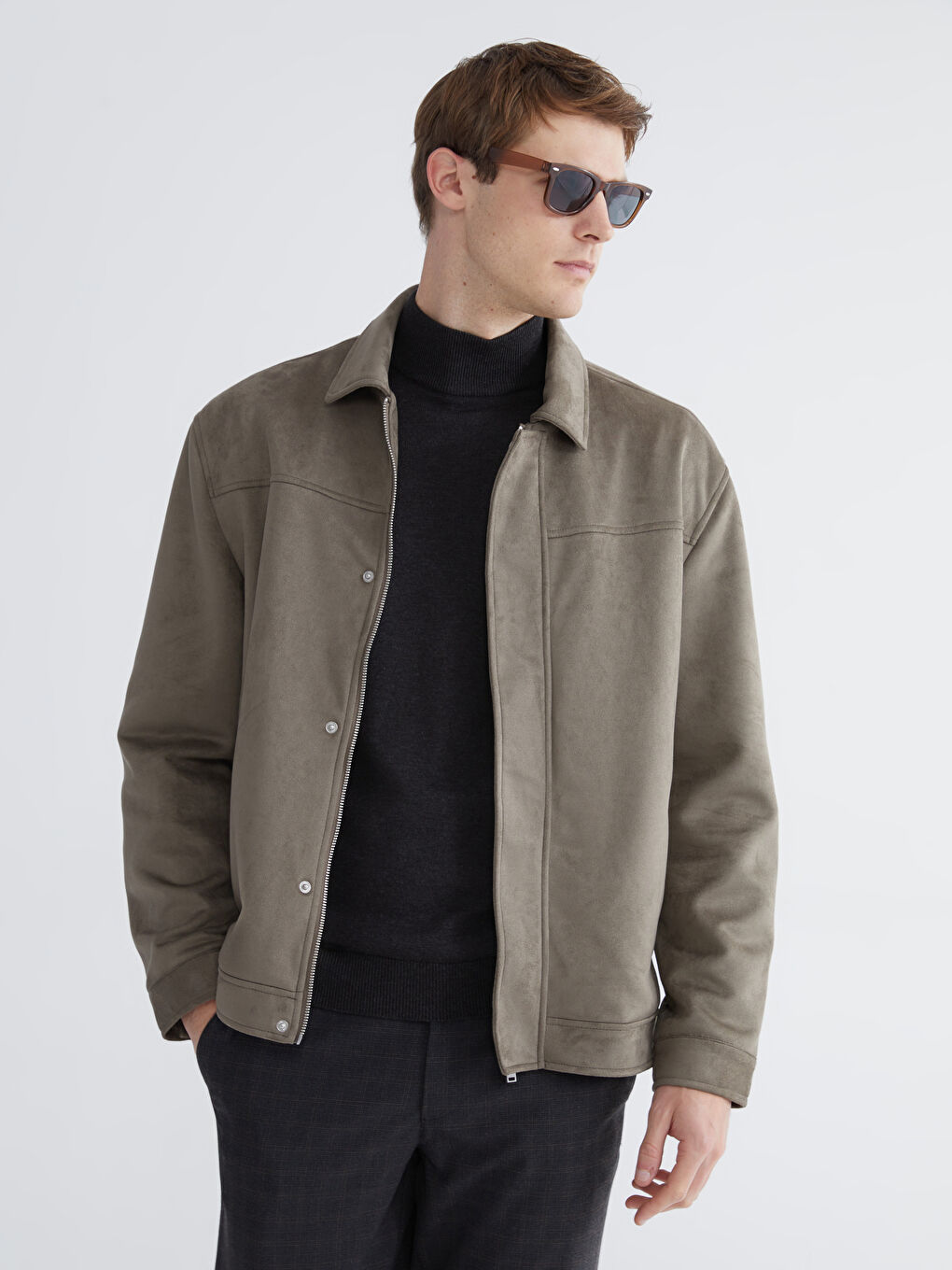 Haki Standart Kalıp Gömlek Yaka Süet Erkek Mont