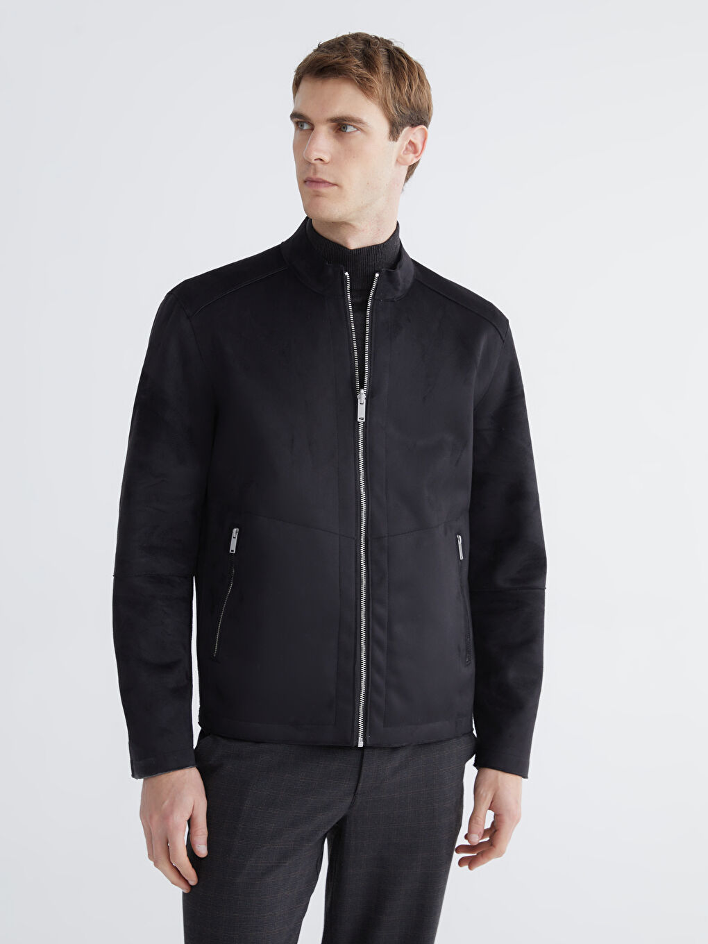 Siyah Standart Kalıp Dik Yaka Erkek Deri Görünümlü Mont-3