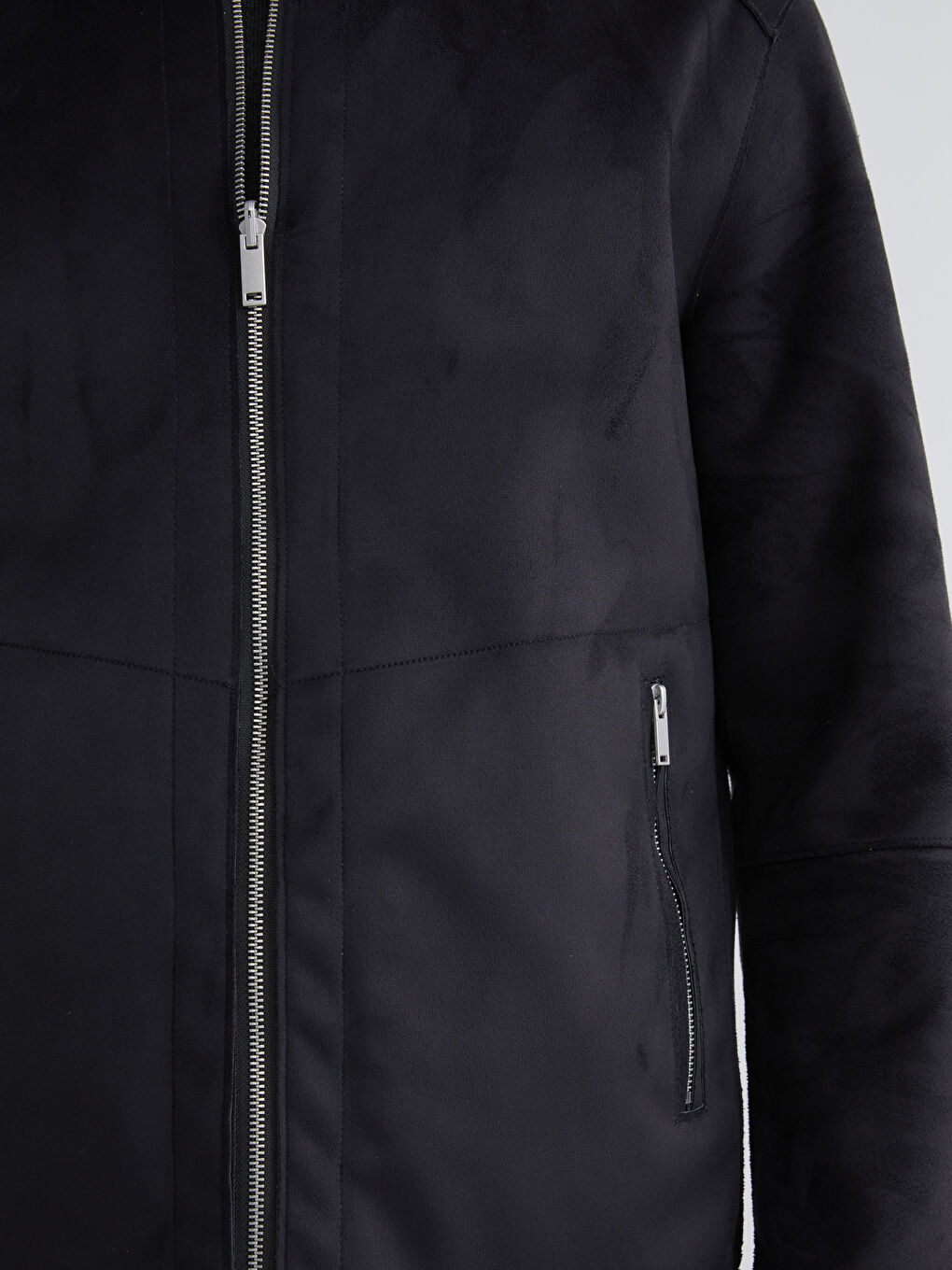 Siyah Standart Kalıp Dik Yaka Erkek Deri Görünümlü Mont-4