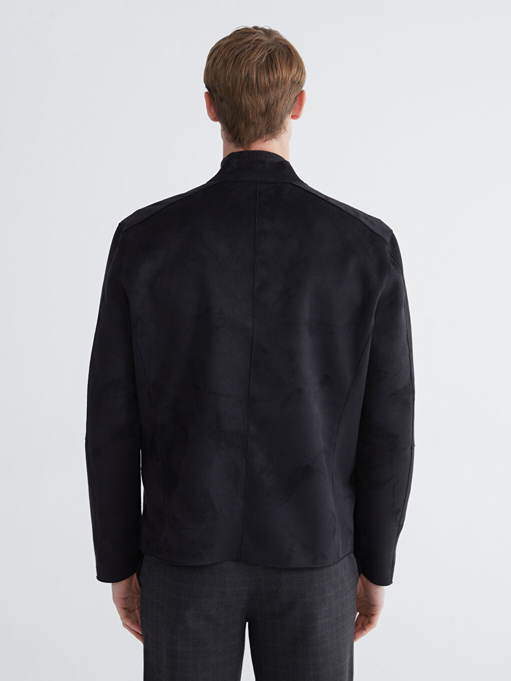 Siyah Standart Kalıp Dik Yaka Erkek Deri Görünümlü Mont-6