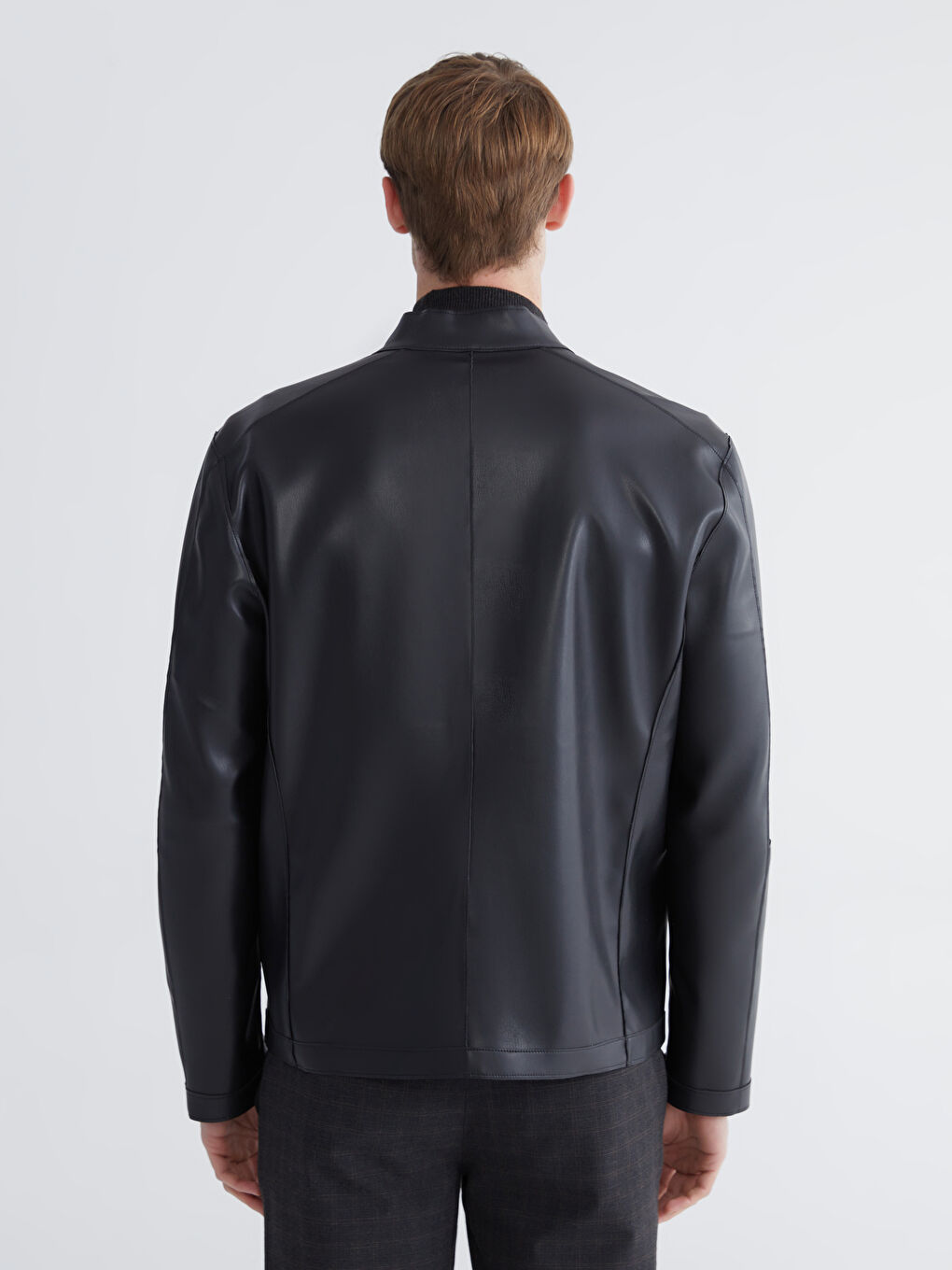 Siyah Standart Kalıp Dik Yaka Erkek Deri Görünümlü Mont-7